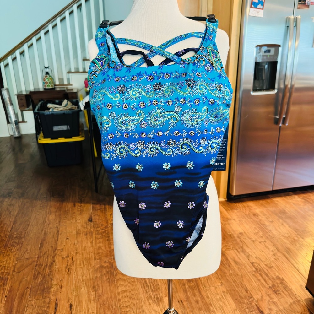 Turquoise and blue One Piece Swimsuit with Gradient Design, Sz 14
